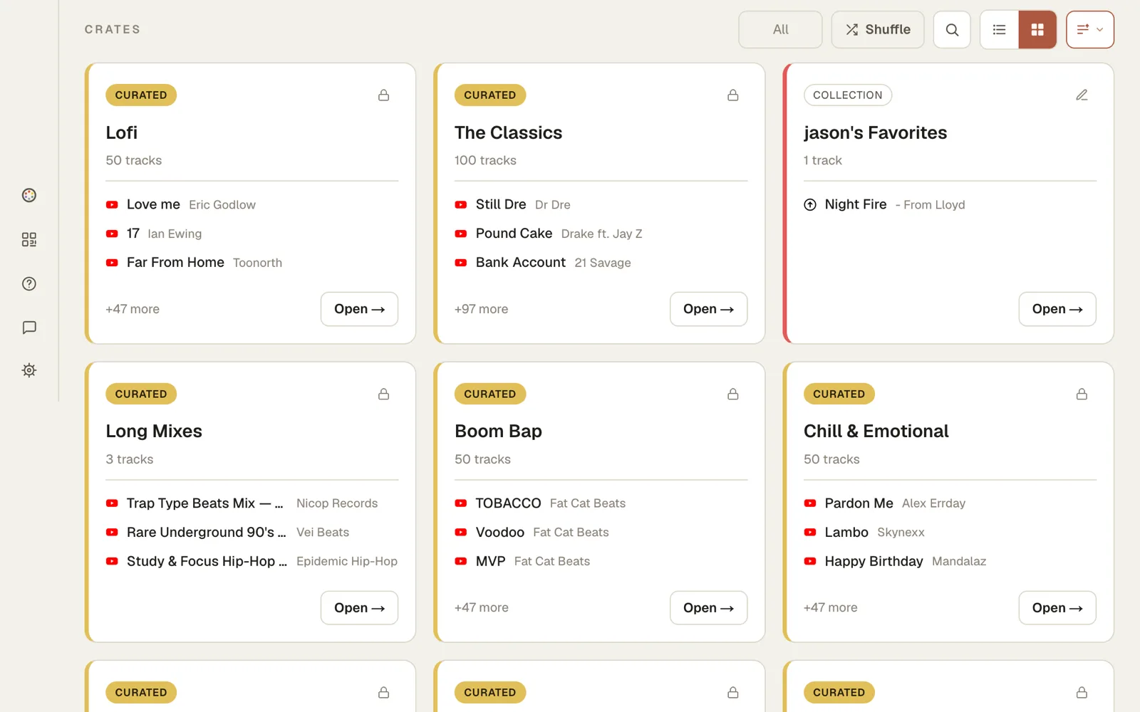Curated crates of instrumentals in the Listen hub
