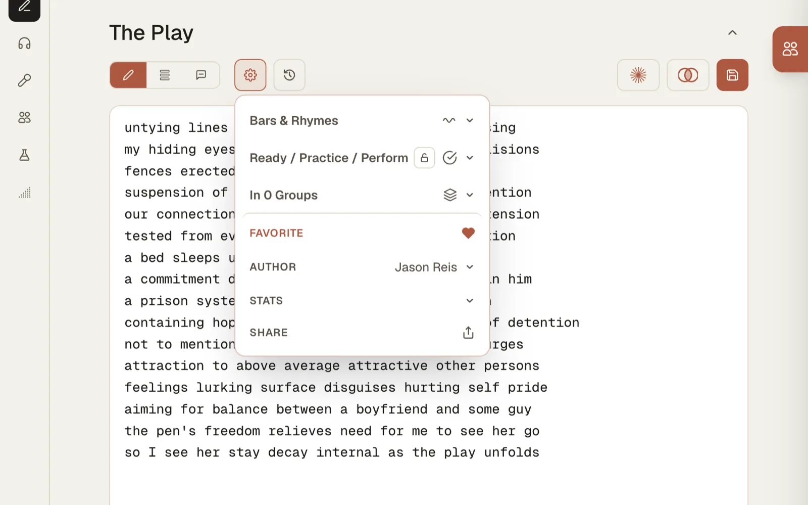 A piece menu showing stage, groups, author and stats