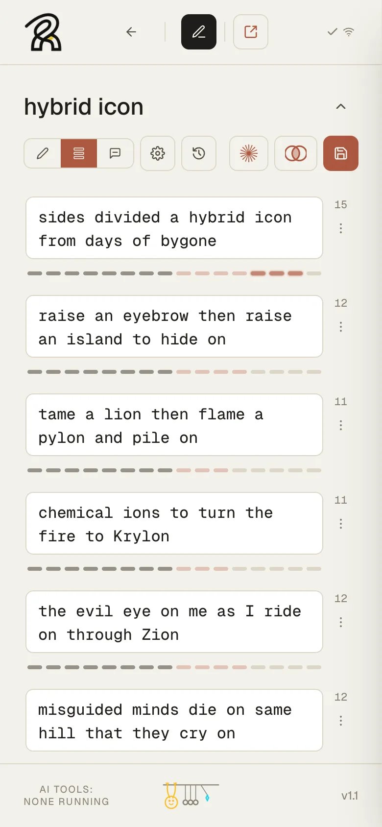 REiSRHYMES on a phone, a writing session from start to stage: a piece in bar mode with a syllable count on every line, jotting a new idea, the idea saved to your ideas, the piece opened in the prompter, your crates of instrumentals, a beat picked, and the verse rehearsed full screen.