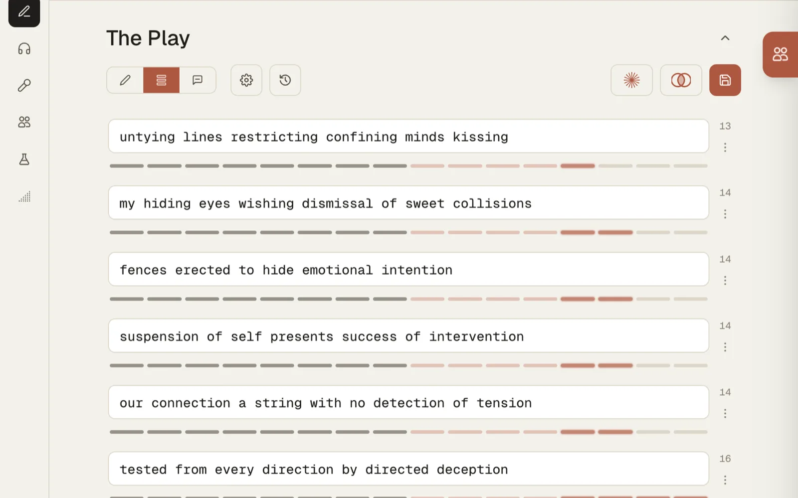 Bar mode: a piece as a list of bars, each with a syllable count